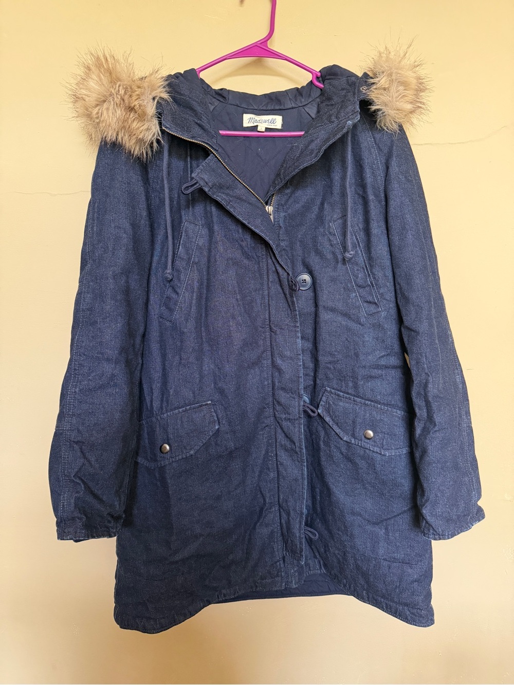 Madewell Denim Fur Hooded Parka | Navy Blue | S